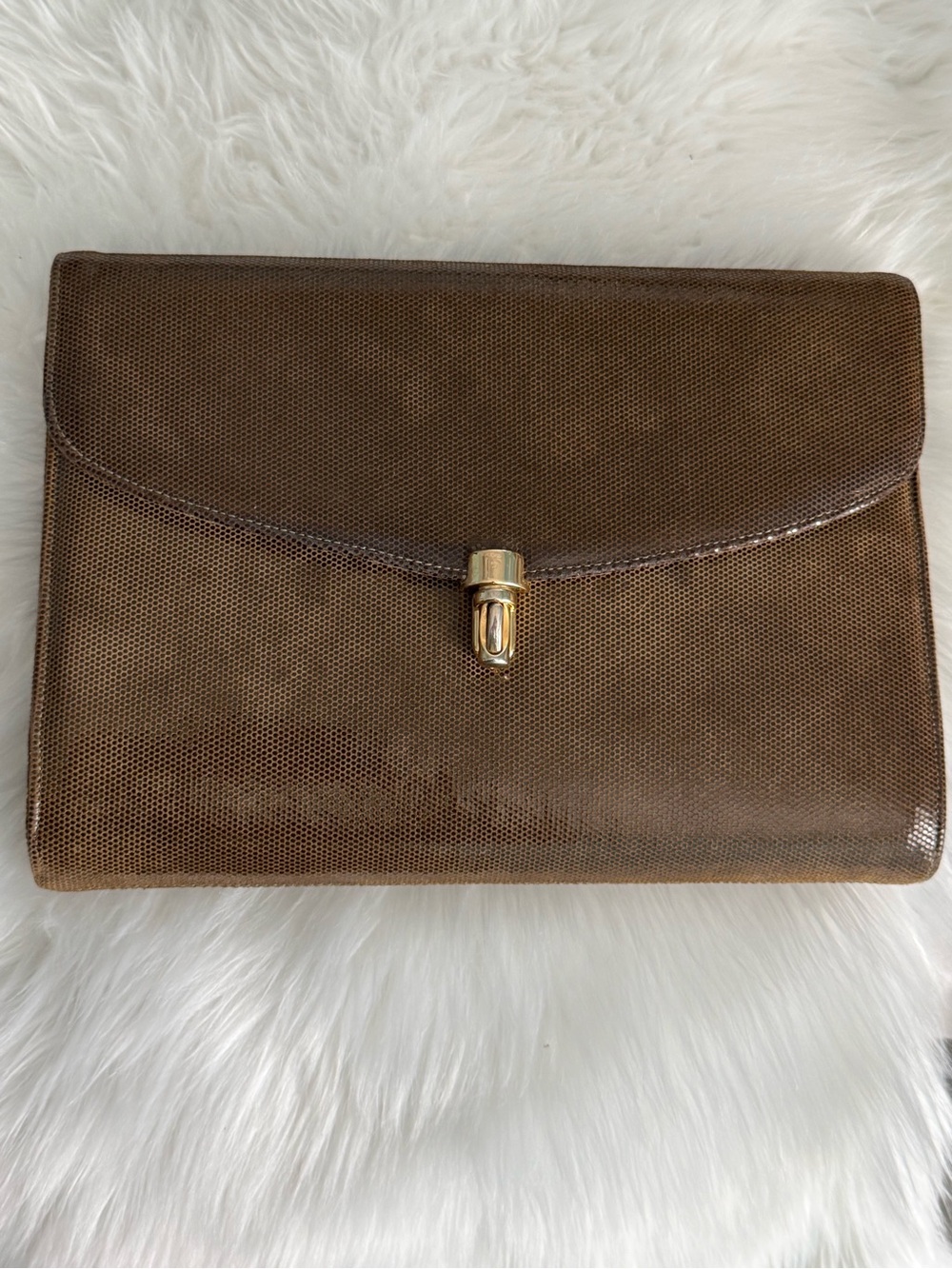 Brown Leather Envelope Clutch with Gold Turn-Lock